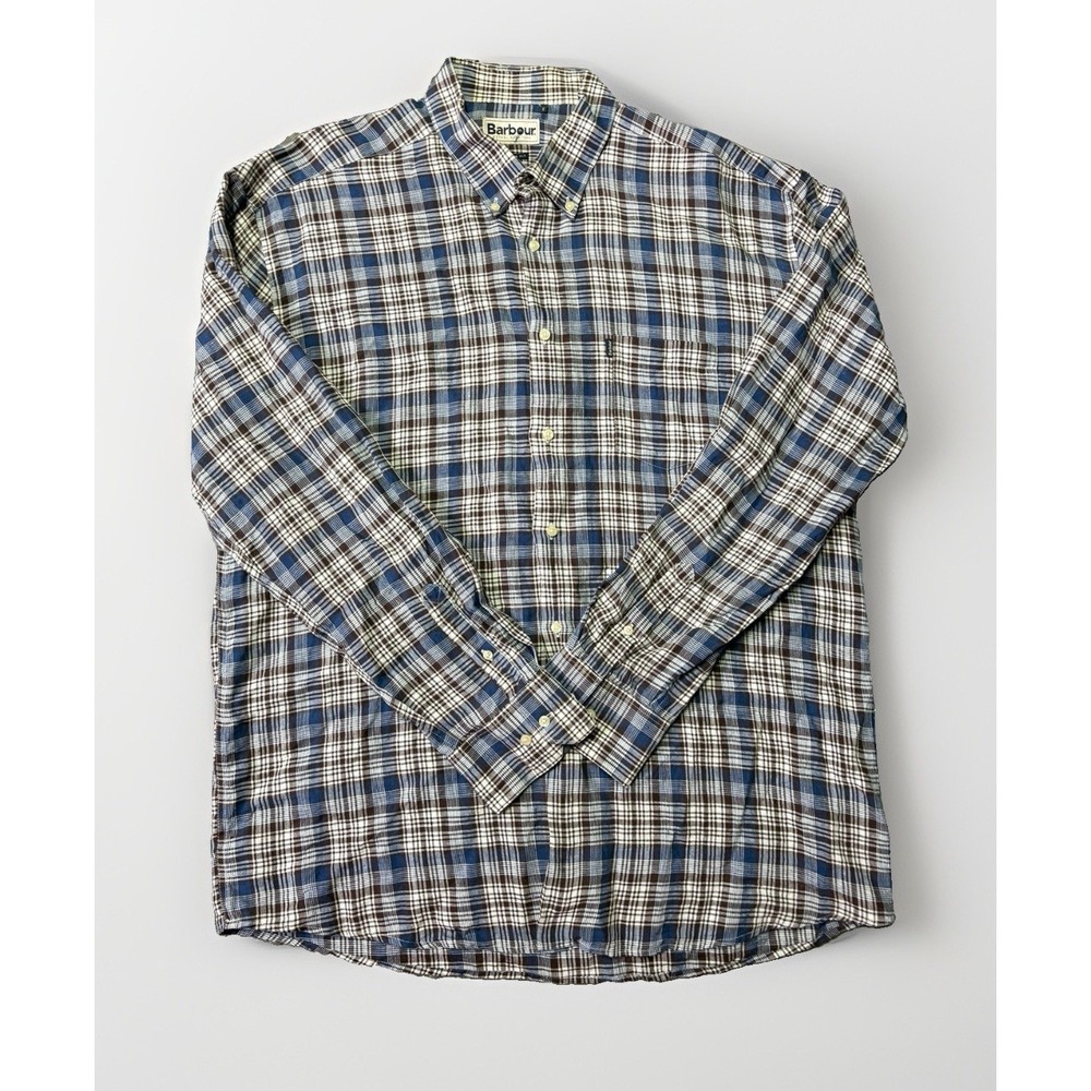 Barbour Shirt Mens XL 100% Linen Regular Fit Long Sleeve Blue Plaid Button Up